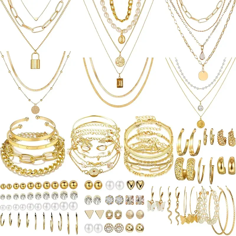 NEWITIN 69 Pieces Gold Jewelry Set for Women Fashion Costume Jewelry Gold Plated Necklace Bracelet Earrings Set for Women