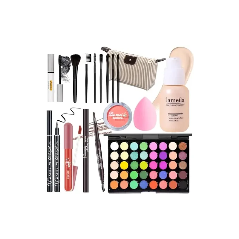 Makeup Set Full Kit for Girls Teens Women, Makeup Present Set, Includes Eyeshadow, Foundation, Blusher, Eyebrow Pencil, Mascara, Eyeliner, Brushes, Lip Gloss, Sponge, Cosmetic Bag
