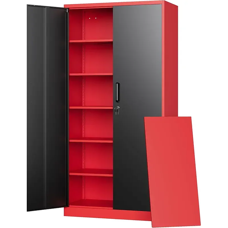 Letaya Metal Garage Storage Cabinets with Lock, 72" Tall Locker Organizer Steel Tool Cabinets,5 Adjustable Shelves 2 Doors for Home Office, Warehouse,Garage,Industrial,Employee (Black Red)