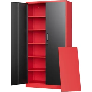 Letaya Metal Garage Storage Cabinets with Lock, 72" Tall Locker Organizer Steel Tool Cabinets,5 Adjustable Shelves 2 Doors for Home Office, Warehouse,Garage,Industrial,Employee (Black Red)