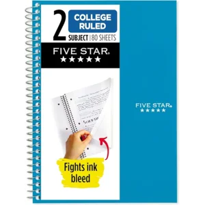 Five Star Spiral Notebook, 2 Subject, College Ruled Paper, 6" x 9-1/2", 80 Sheets, Fights Ink Bleed, Water Resistant Cover, Tidewater Blue (840029CG1-ECM)