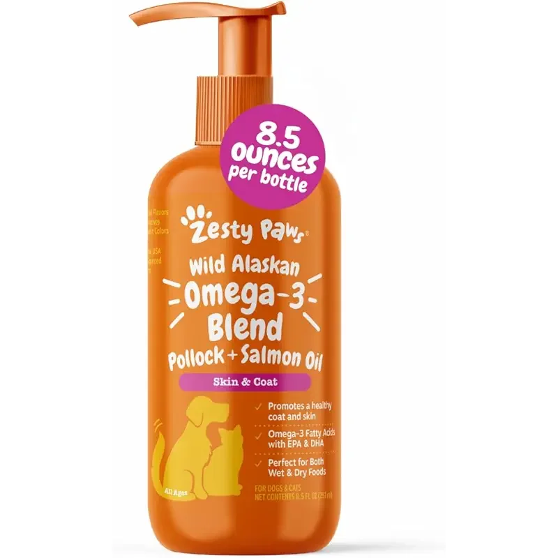 Zesty Paws Wild Alaskan Omega-3 Blend Pollock + Salmon Oil for Dogs and Cats- Skin and Coat Support, Omega 3 Supplement for Pets, 8.5oz