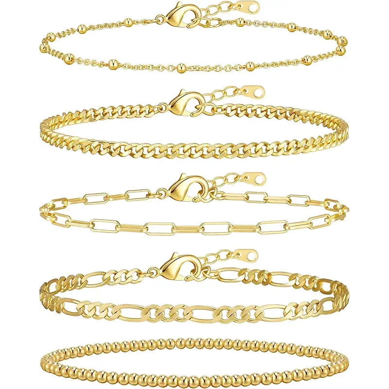 adoyi Gold Bracelets for Women, 14K Gold Plated Stackable Bracelet Stack Set Adjustable Charm Paperclip Chain Cuban Link Layered Waterproof Jewelry Sets Gifts for Womens 6.0/6.8/7.2"