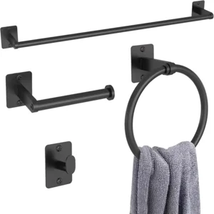 Matte Black Bathroom Accessories Set, KLJKPA 4 Pieces Bathroom Hardware Set, 24 inch Towel Bar, Towel Racks for Bathroom, Robe Towel Hooks, Toilet Paper Holder Wall Mounted