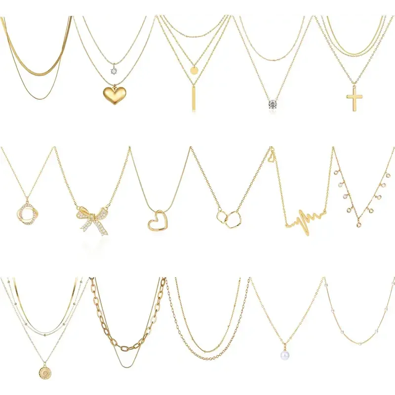 Myofeng 16Pcs Gold Necklaces Set for Women 14k Gold Plated Dainty Trendy Pendant Chain Choker Pack Multilayer Necklace Set for Women Adjustable Jewelry Gift