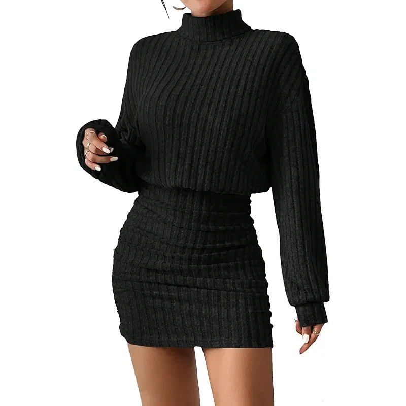 Women's Pullover Sweater Dress Long Lantern Sleeve Turtle Neck Cute Ribbed Knit Bodycon Mini Short Dress 2025 Fall