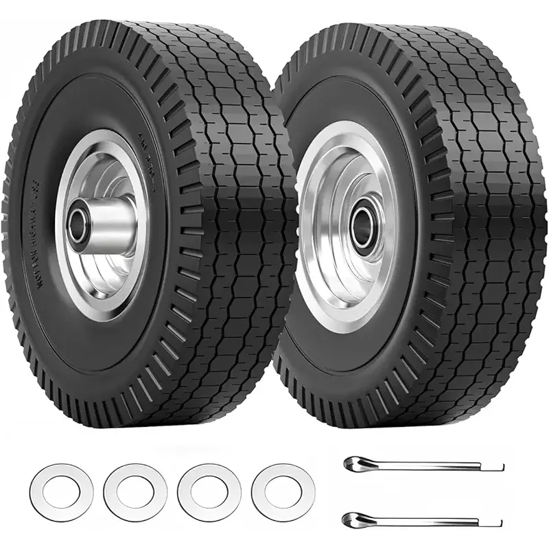 4.10/3.50-4 Tire & Wheel Flat Free, 2 Pcs Heavy Duty Solid PU Non-inflated Tires with Double Sealed Bearings, 5/8 in Axle Bore Hole & 2.15 in Offset Hub for Dolly/Garden Cart/Wheelbarrow/Wagon