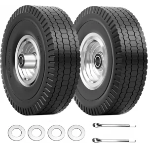 4.10/3.50-4 Tire & Wheel Flat Free, 2 Pcs Heavy Duty Solid PU Non-inflated Tires with Double Sealed Bearings, 5/8 in Axle Bore Hole & 2.15 in Offset Hub for Dolly/Garden Cart/Wheelbarrow/Wagon