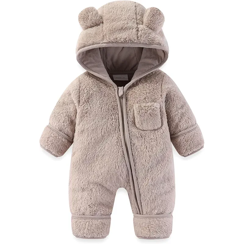Newborn Baby Bear Outfit With Fold-Over Mittens and Footies Girls Boys Winter Fleece Clothes Hooded Romper Snowsuit