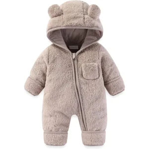 Newborn Baby Bear Outfit With Fold-Over Mittens and Footies Girls Boys Winter Fleece Clothes Hooded Romper Snowsuit