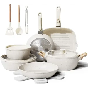 19 Pcs Pots and Pans Set Non Stick Ceramic Cookware Set with Removable Handles, Non Toxic Induction Kitchen Cookware Sets RV Cookware,Dishwasher/Oven Safe PFAS/PTFE/PFOA Free Cream White