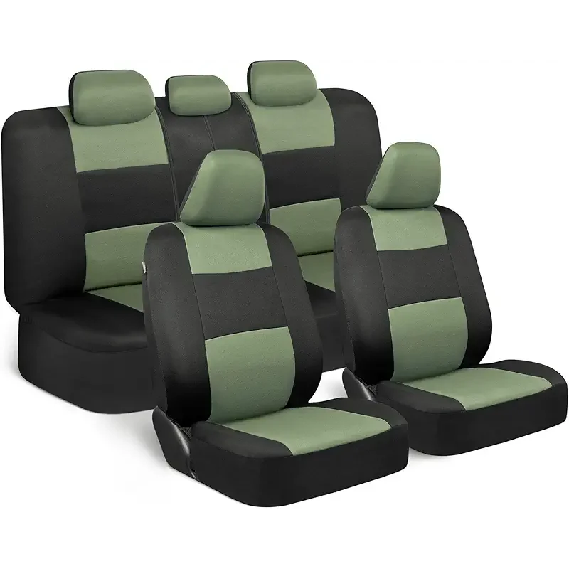 BDK PolyPro Car Seat Covers Full Set in Green on Black, Front and Rear Split Bench Seat Covers for Cars, Easy to Install Car Seats Cover Set and Accessories for Auto Trucks Van SUV - Green