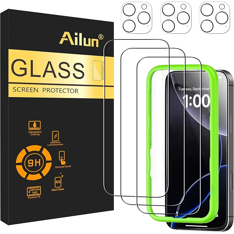 Ailun 3 Pack Screen Protector for iPhone 16 Pro [6.3 inch] + 3 Pack Camera Lens Protector with Installation Frame,Case Friendly Tempered Glass Film,[9H Hardness][Not for iPhone 16e/16/16 Plus/Pro Max]