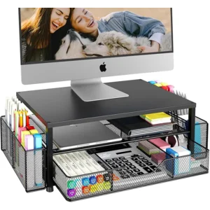 OPNICE Desk Organizer and Accessories, 2-Tier Computer Monitor Stand Riser with Drawer and 2 Pen Holders, Laptop Stand, Office Desk Accessories for Office Supplies, Black