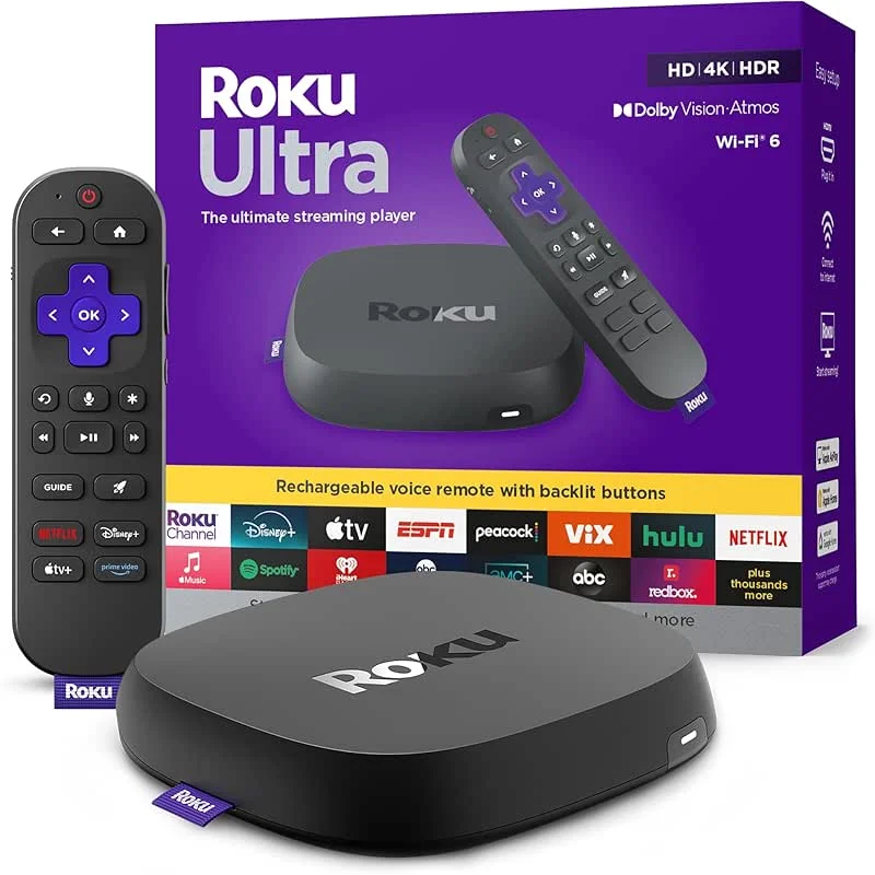 Roku Ultra - Ultimate Streaming Player - 4K Streaming Device for TV with HDR10+, Dolby Vision & Atmos - Bluetooth & Wi-Fi 6- Rechargeable Voice Remote Pro with Backlit Buttons - Free & Live TV
