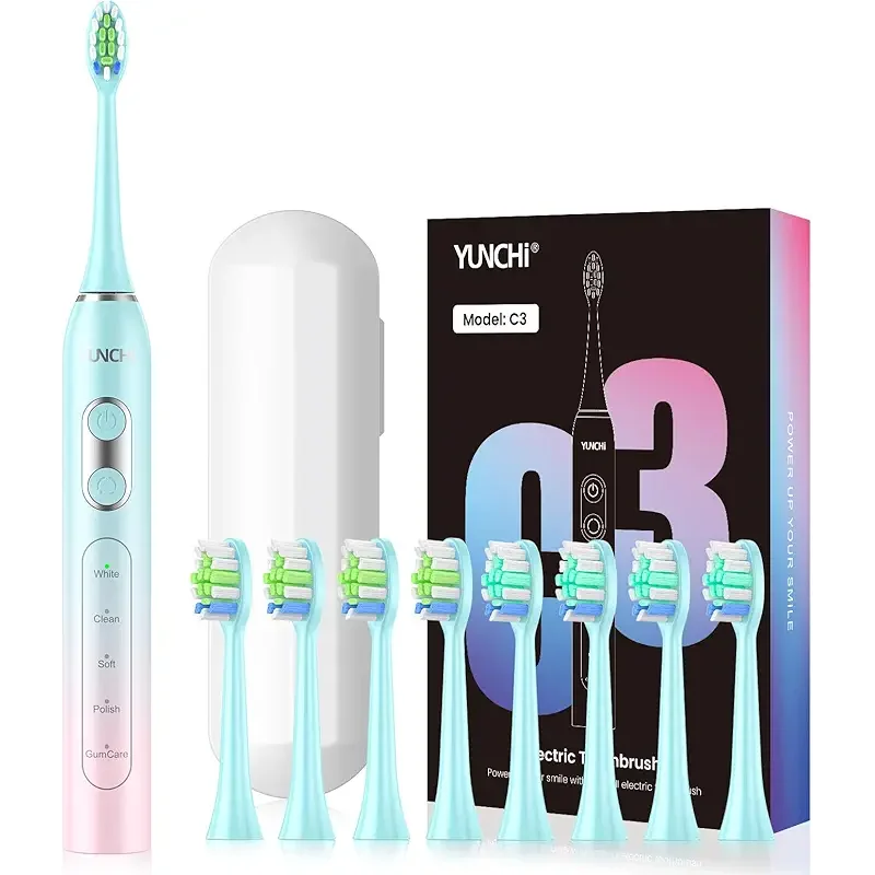 YUNCHI Sonic Electric Toothbrush for Adults & Kids, Rechargeable Battery Electric Toothbrush, 8 Brush Heads, 5 Modes, 44000 VPM Motor, 2 Min Smart Timer, IPX7 Waterproof, Travel Case, 90 Days-Gradient