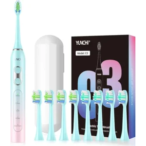 YUNCHI Sonic Electric Toothbrush for Adults & Kids, Rechargeable Battery Electric Toothbrush, 8 Brush Heads, 5 Modes, 44000 VPM Motor, 2 Min Smart Timer, IPX7 Waterproof, Travel Case, 90 Days-Gradient