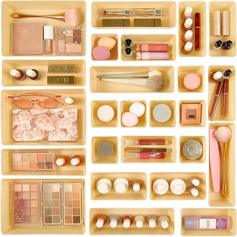 Vtopmart 25 PCS Plastic Drawer Organizers Set, 4-Size Versatile Bathroom and Vanity Drawer Organizer Trays, Storage Bins for Makeup, Bedroom, Kitchen Gadgets Utensils and Office