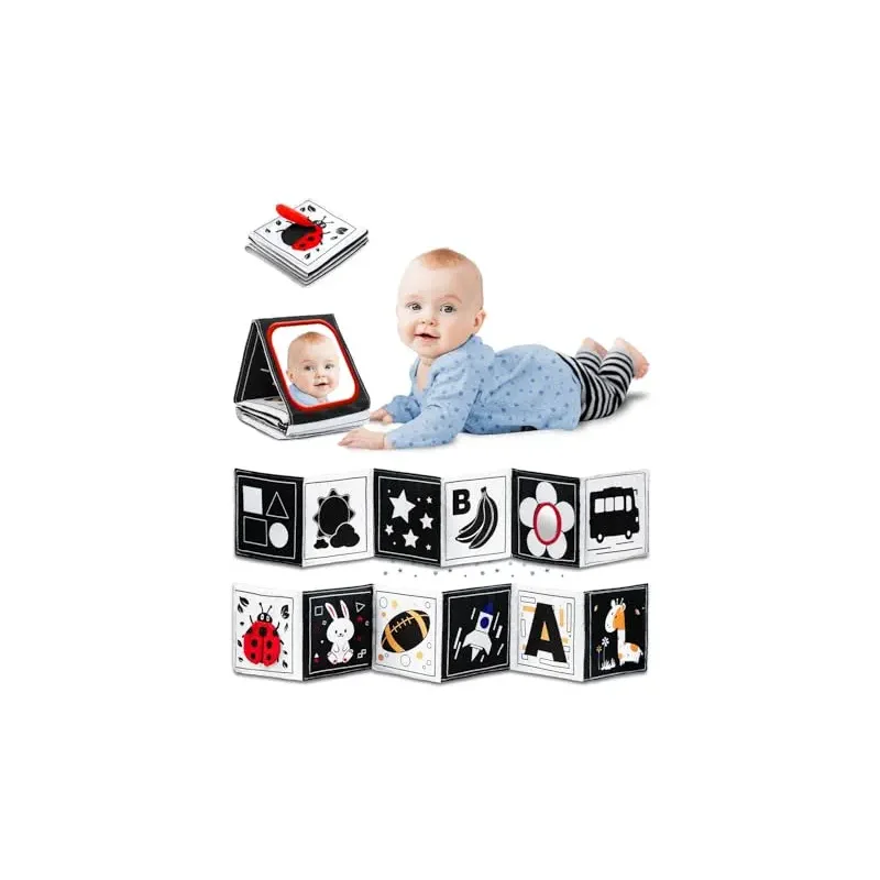 High Contrast Black and White Baby Toys for Newborn 0-6 Months – Contrast Cards & Sensory Baby Book with Mirror – Tummy Time Infant Toys for Visual Stimulation, Early Learning & Brain Development