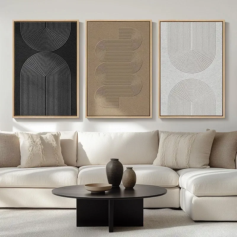 Large Framed Black and White Neutral Abstract Wall Art for Living Room, 3 Piece Boho Canvas Prints Paintings Artwork for Walls, Minimalist Geometric Pictures for Hallway Office Wall Decor 24x36 In