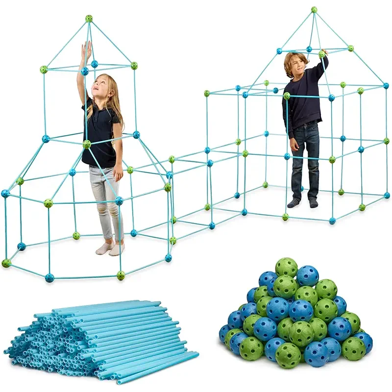 132 Piece Fort Building Kit - Indoor Play Engineering Set with Connecting Sticks & Balls - Creative STEM Building Toys for Kids Play Spaces, Tents & Hideouts