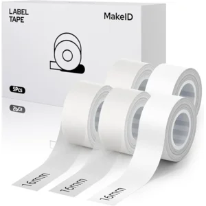 MakeID E1 Q1 Label Maker Tape Refills, 5-Roll 16mm x 4m (0.63" x 13') Continuous Consumables Thermal Laminated Office Labeling Tape Replacement