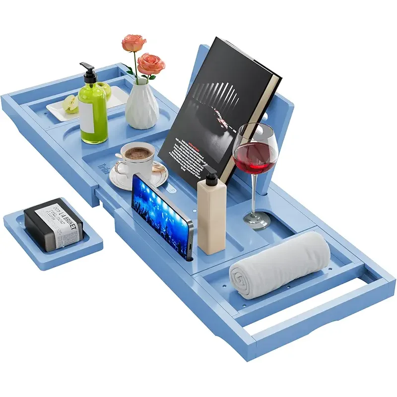 Yirilan Foldable Bamboo Bathtub Tray Caddy, Bathtub Tray, Blue