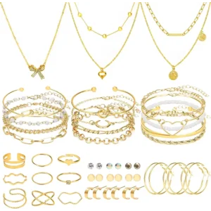 NEWITIN 49 Pieces Gold Jewelry Set for Women Fashion Costume Jewelry Gold Plated Necklace Bracelet Ring Earrings Set for Women