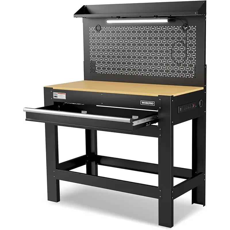 WORKPRO 45" Garage Workbench with Storage, Heavy-Duty Workbench with Pegboard, Power Outlets and Light, 800 LBS Work Bench for Garage, Warehouse, Workshop