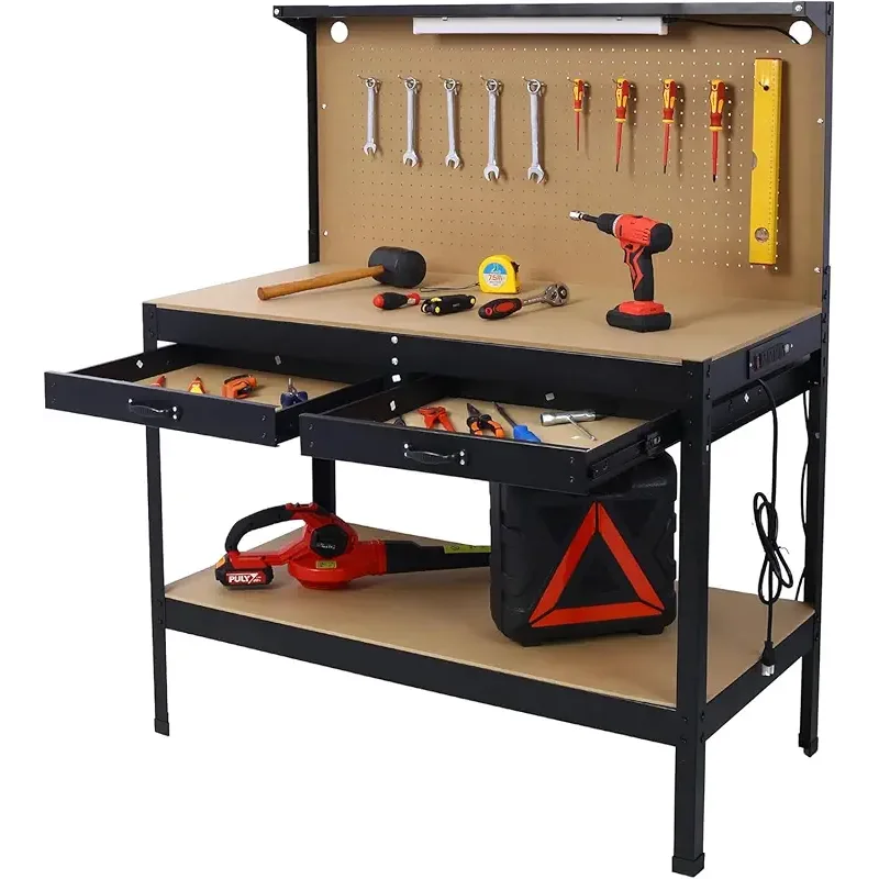 Heavy-Duty Steel Workbench with LED Light, 59'' Tool Storage Bench with Power Outlets & USB Ports, 200 lbs Capacity, Workbench with Pegboard & 2 Drawers for Garage or Workshop