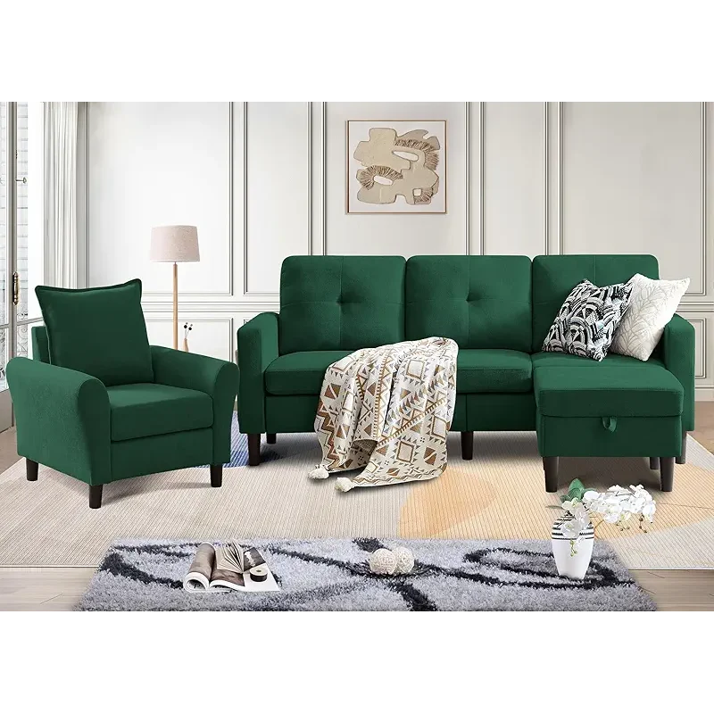 2PCS Sectional Couch Set, 3 Seat Sofa and Chair Set with Side Pockets & Movable Storage Ottoman, Modern Convertible Fabric Corner Lliving Room/Office Sofa Set (3+1Seat/Green)