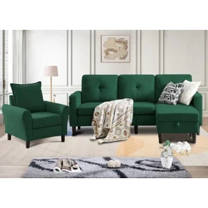 2PCS Sectional Couch Set, 3 Seat Sofa and Chair Set with Side Pockets & Movable Storage Ottoman, Modern Convertible Fabric Corner Lliving Room/Office Sofa Set (3+1Seat/Green)