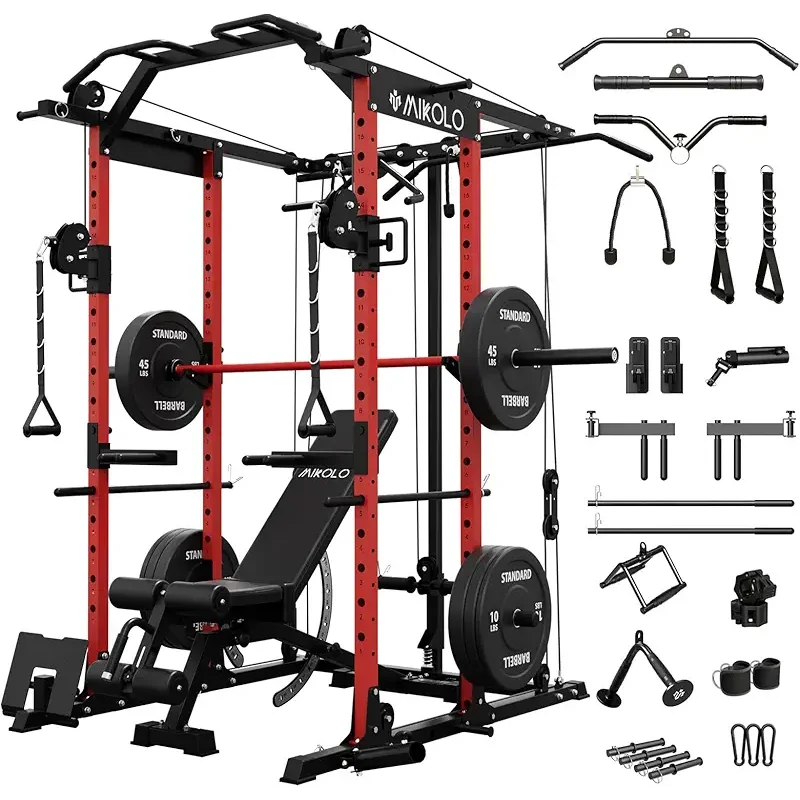 Mikolo Power Cage, Power Rack with Cable Crossover System, 1500LBS Squat Rack with LAT Pull Down System, Workout Cage with Pulley System for Fitness Home Gym