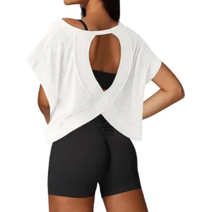 UNIANKIYA Open Back Workout Tops for Women Loose Fit Athletic Crop Tee Short Sleeve Gym Running Yoga Shirt