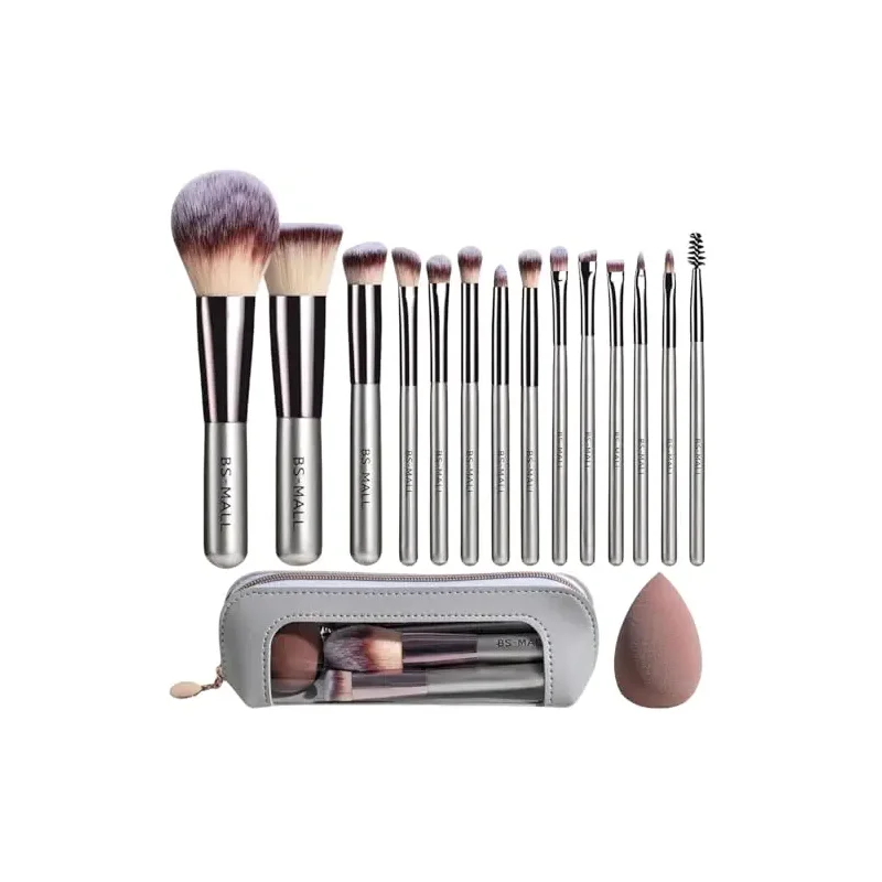 Travel Makeup Brush Set BS-MALL 14 Pcs with 1 Pcs Makeup Sponge – Essential Foundation Powder Concealers, Eye Shadows, Blush Makeup Brushes with Travel Makeup Case (Champagne)