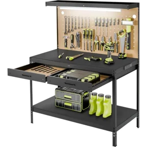 Work Bench, Workbench with Power Outlets and Light, A3 Steel Work Table with Drawers Pegboard, 600LBS Capacity Garage Workbench, Work Benches for Garage Workshop Basement
