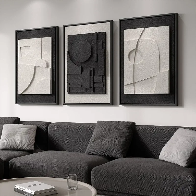 Large 3D Textured Framed Black and White Abstract Wall Art for Living Room, 3 Piece Modern Artwork for Walls, Black White Minimalist Geometric Paintings for Hallway Office Wall Decor 24x36 In