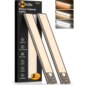 Gritin 10.2inch Under Cabinet Lighting Rechargeable -84 LED Super Bright,3-Color& 5 Level Brightness,4 Modes,Motion Sensor, Long Lasting- Easy Installation Magnetic Closet Lights -2 Pack-Bronze