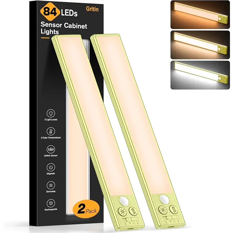 Gritin 10.2inch Under Cabinet Lighting Rechargeable -84 LED Super Bright,3-Color& 5 Level Brightness,4 Modes,Motion Sensor,Long Lasting- Easy Installation Magnetic Closet Lights -2 Pack-Emerald Green