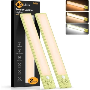 Gritin 10.2inch Under Cabinet Lighting Rechargeable -84 LED Super Bright,3-Color& 5 Level Brightness,4 Modes,Motion Sensor,Long Lasting- Easy Installation Magnetic Closet Lights -2 Pack-Emerald Green