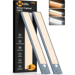 Gritin 10.2inch Under Cabinet Lighting Rechargeable -84 LED Super Bright,3-Color& 5 Level Brightness,4 Modes,Motion Sensor, Long Lasting- Easy Installation Magnetic Closet Lights -2 Pack-Sea Blue