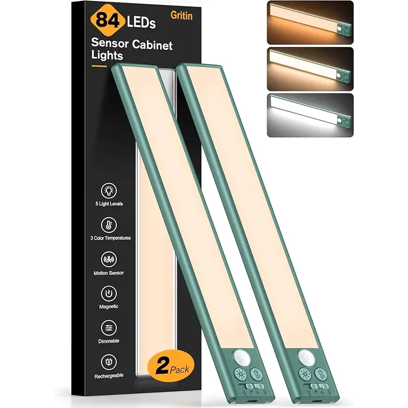 Gritin 10.2inch Under Cabinet Lighting Rechargeable -84 LED Super Bright,3-Color& 5 Level Brightness,4 Modes,Motion Sensor, Long Lasting- Easy Installation Magnetic Closet Lights -2 Pack-Green