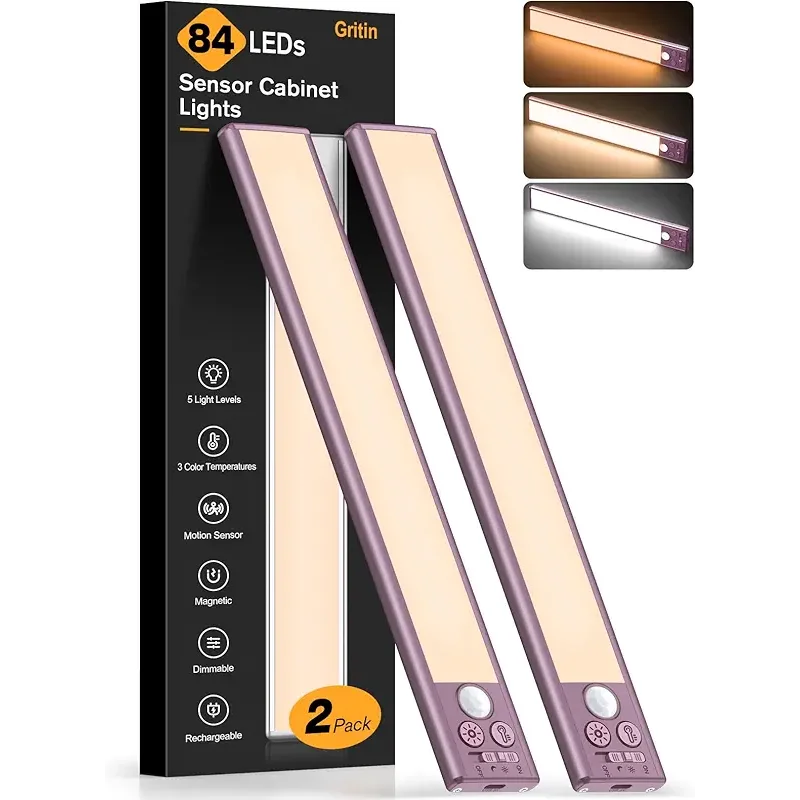 Gritin 10.2inch Under Cabinet Lighting Rechargeable -84 LED Super Bright,3-Color& 5 Level Brightness,4 Modes,Motion Sensor, Long Lasting- Easy Installation Magnetic Closet Lights -2 Pack-Mauve