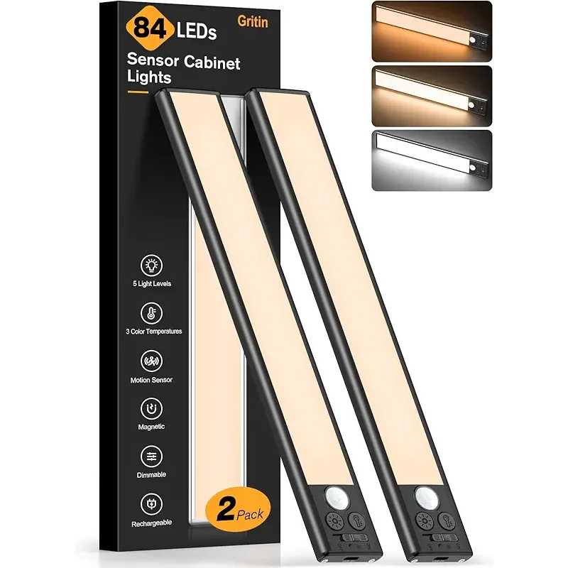 Gritin 10.2inch Under Cabinet Lighting Rechargeable -84 LED Super Bright,3-Color& 5 Level Brightness,4 Modes,Motion Sensor, Long Lasting- Easy Installation Magnetic Closet Lights -2 Pack-Black