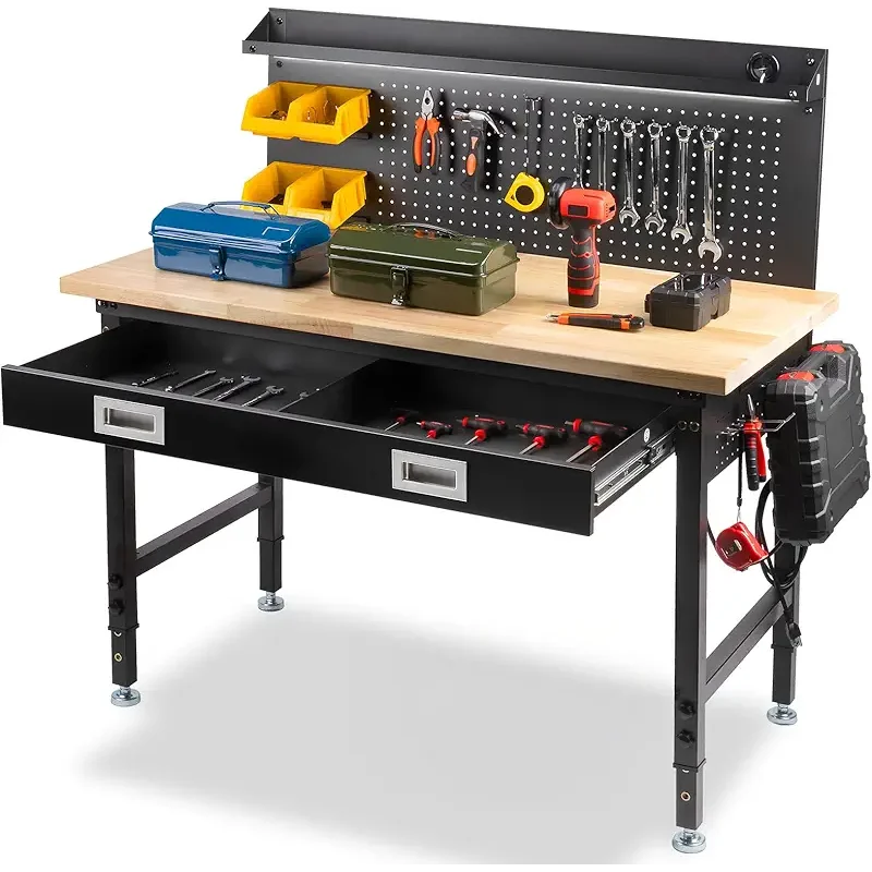 48" Workbench with Drawers, Work Benches for Garage with Strip Light, Adjustable Work Table with Large Pegboard, 2000 LBS Heavy Duty Table with Power Outlet Rubber Wood for Garage, Office