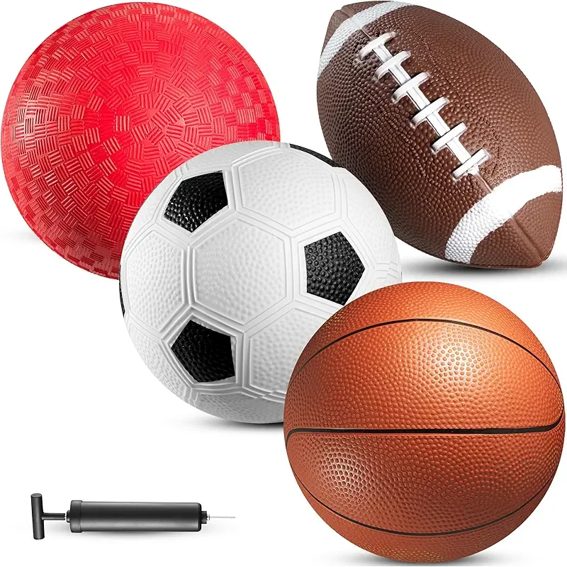 8.5” Sports Balls for Kids & Toddlers - (Pack of 4) Rubber Inflatable Multi-Sport Ball Set - Football, Soccer Ball, Basketball, Playground Ball & Pump - Birthday Gift Toys for Boys & Girls