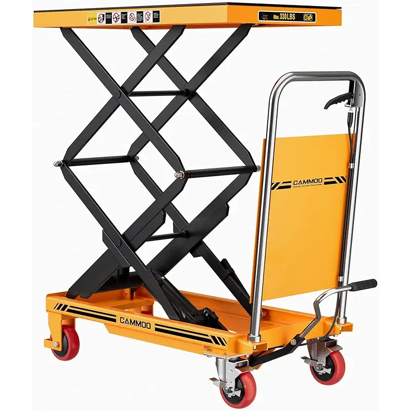 Hydraulic Lift Table Cart, 330lbs Capacity 49.6" Lifting Height, Double Scissor Lift Table with Non-Slip Pad & Safety Guard for Material Handling & Transportation, Yellow