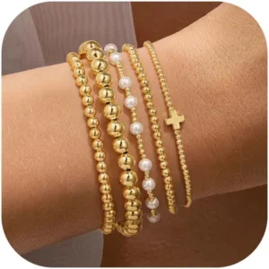 Yoosteel Gold Beaded Bracelets Set for Women Teen Girl Gifts Non Tarnish - 14K Gold Plated Dainty Round Bead Ball Pearl Cross Bracelet Stack for Women Teenage Girls Stackable Jewelry Christmas Gifts