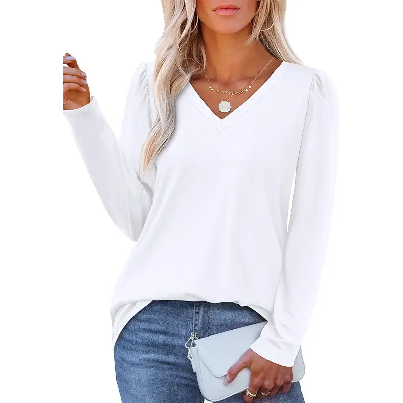 OFEEFAN T Shirts for Women V Neck Dressy Casual Blouses Puff Long Sleeve Fall Outfits Tops Loose Fit
