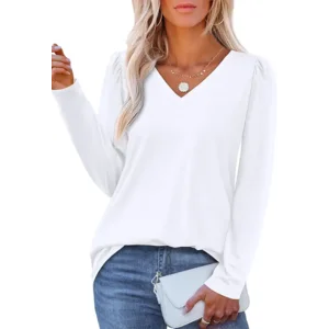 OFEEFAN T Shirts for Women V Neck Dressy Casual Blouses Puff Long Sleeve Fall Outfits Tops Loose Fit